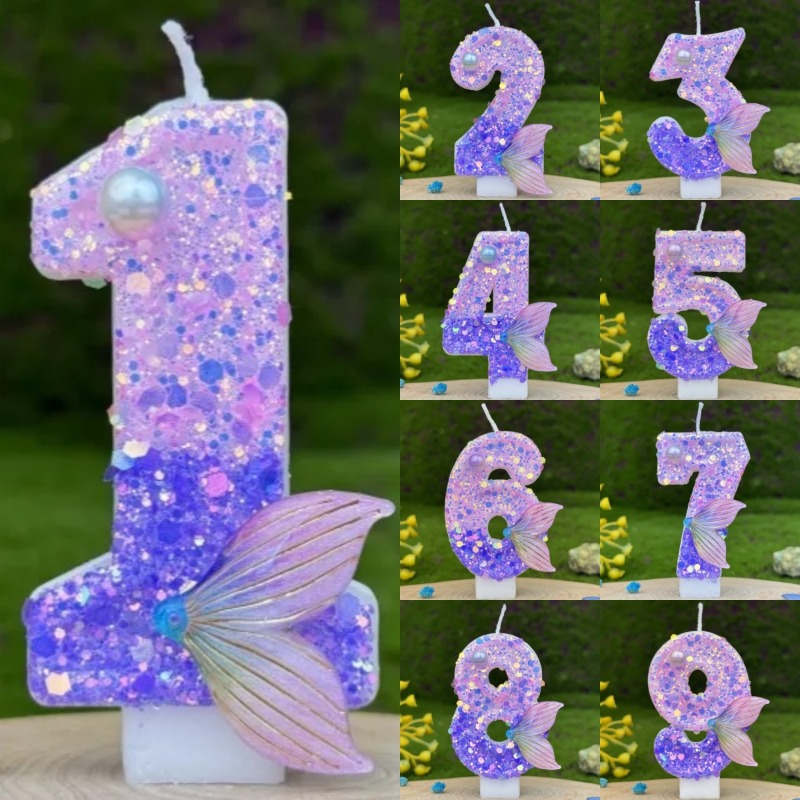 Paraffin Wax - Glitter paarse gradient zeemeerminstaart cijferkaarsen 0-9,